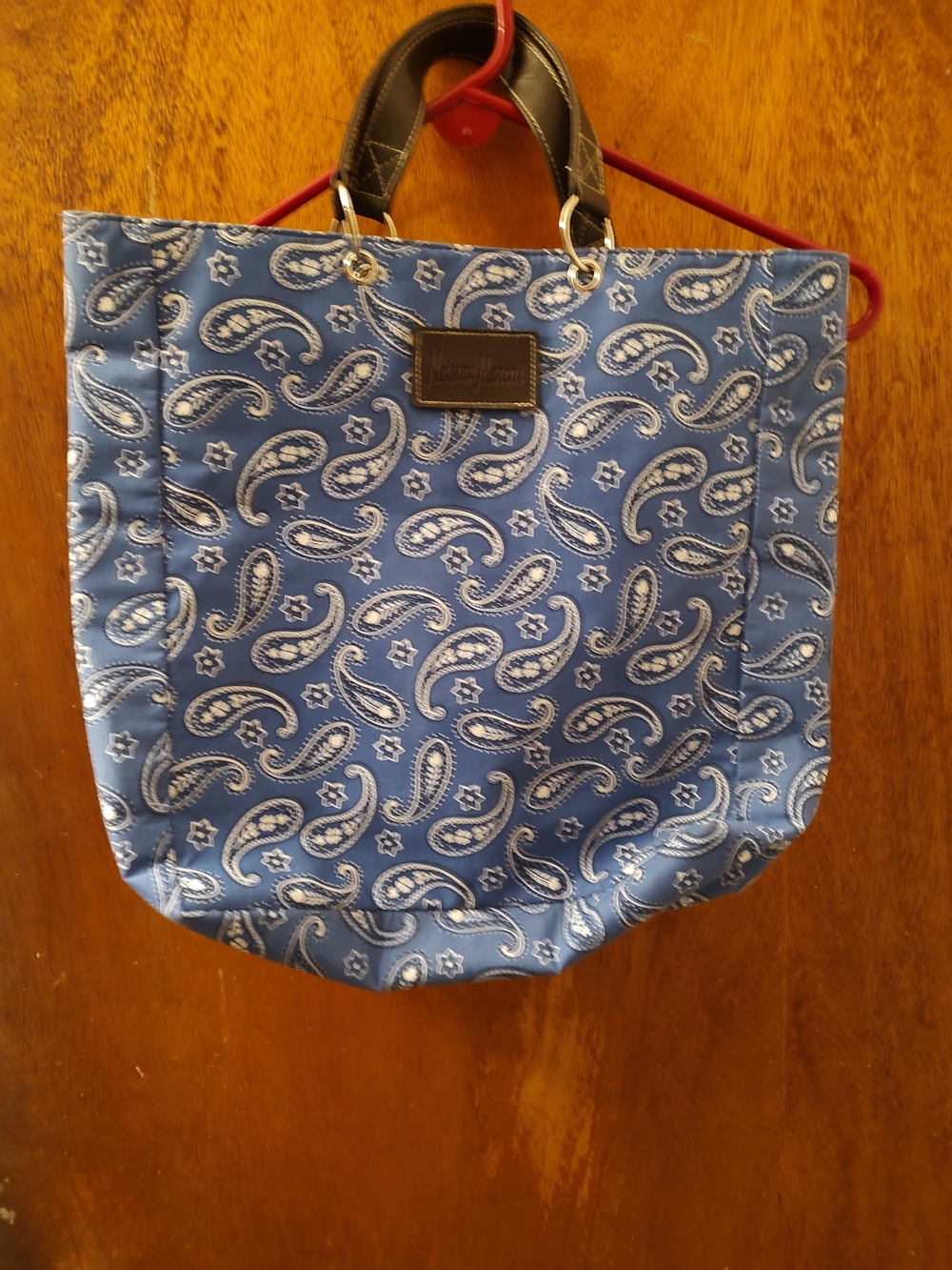 Neiman Marcus Blue Paisley Tote with Black Handles